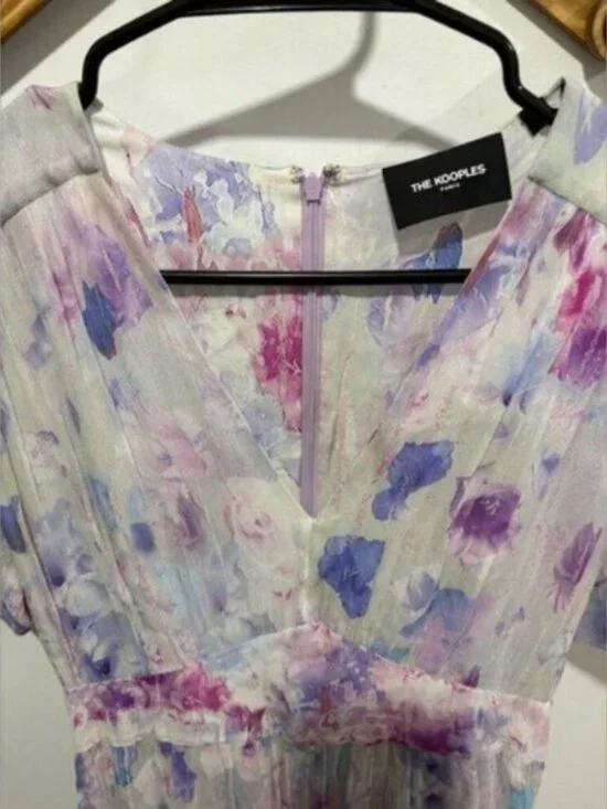 The Kooples Printed Short Dress with Frills Abstract Floral Pastel Mini Dress - Picture 3 of 12